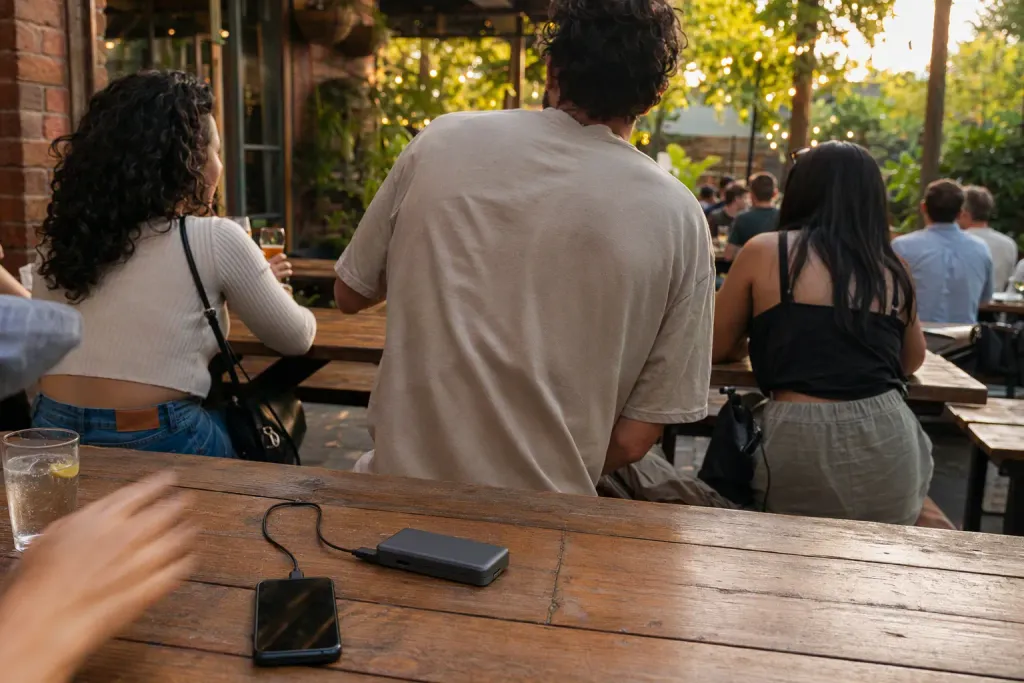 A pub beer garden at golden hour, a phone charging on the nearest table