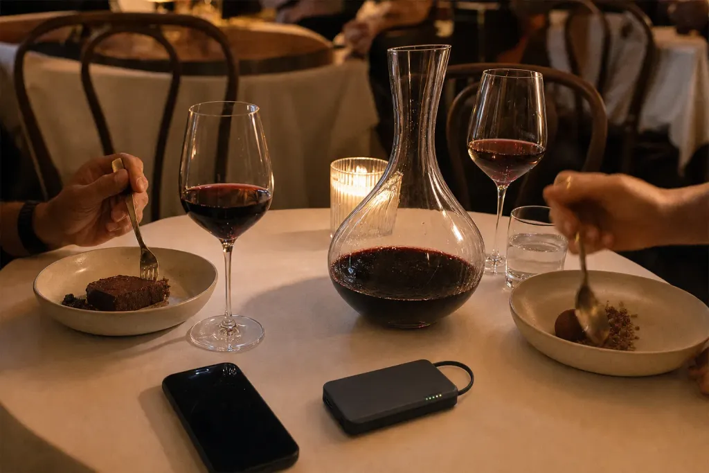 A fine-dining table at night with a decanter of red wine, two glasses and dessert