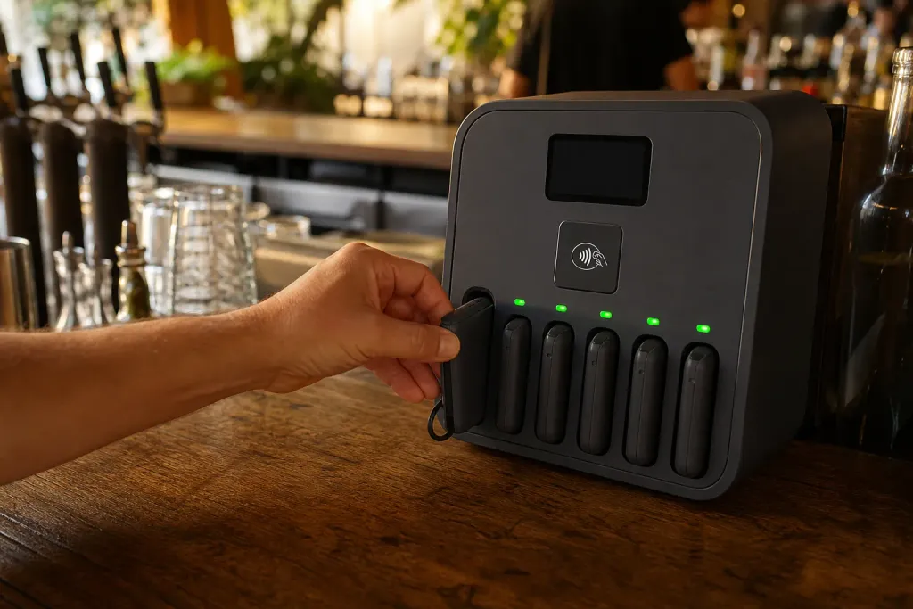 A hand sliding a power bank out of a lit slot