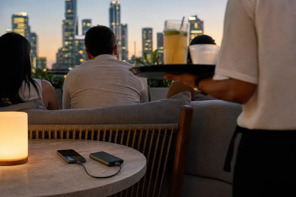 A hotel rooftop bar at dusk with guests on lounge seating and a tray of drinks passing