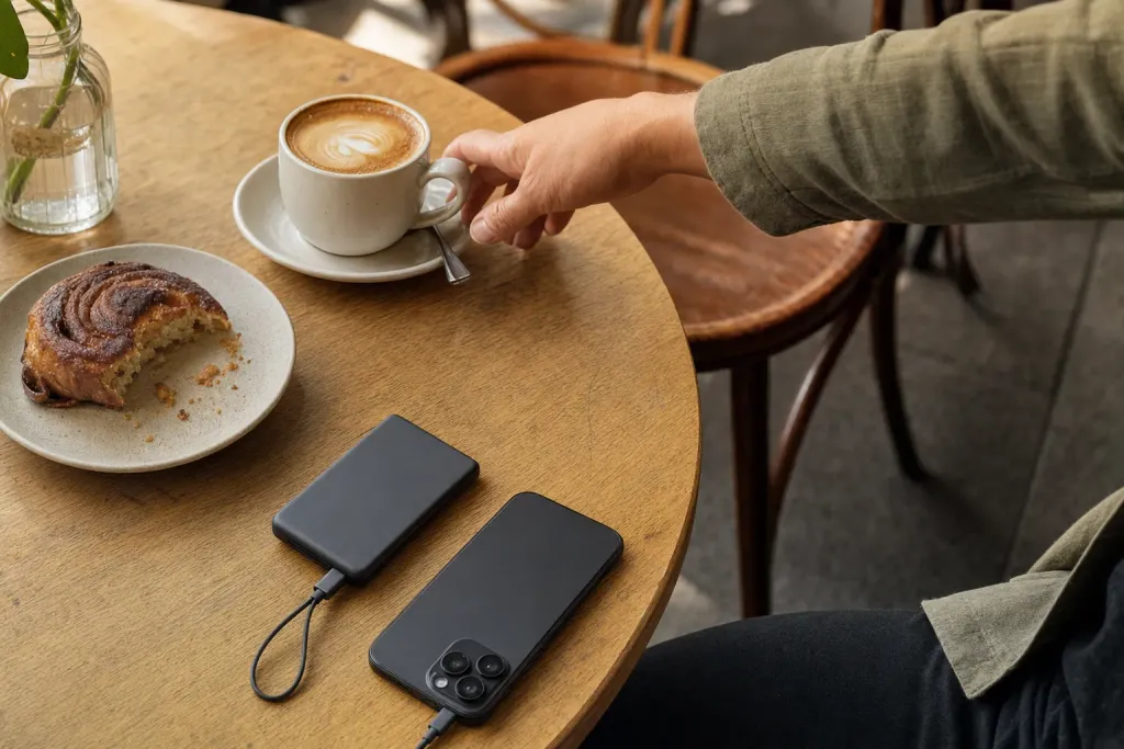 A phone charging from a MaxCharge power bank on a café table next to a flat white