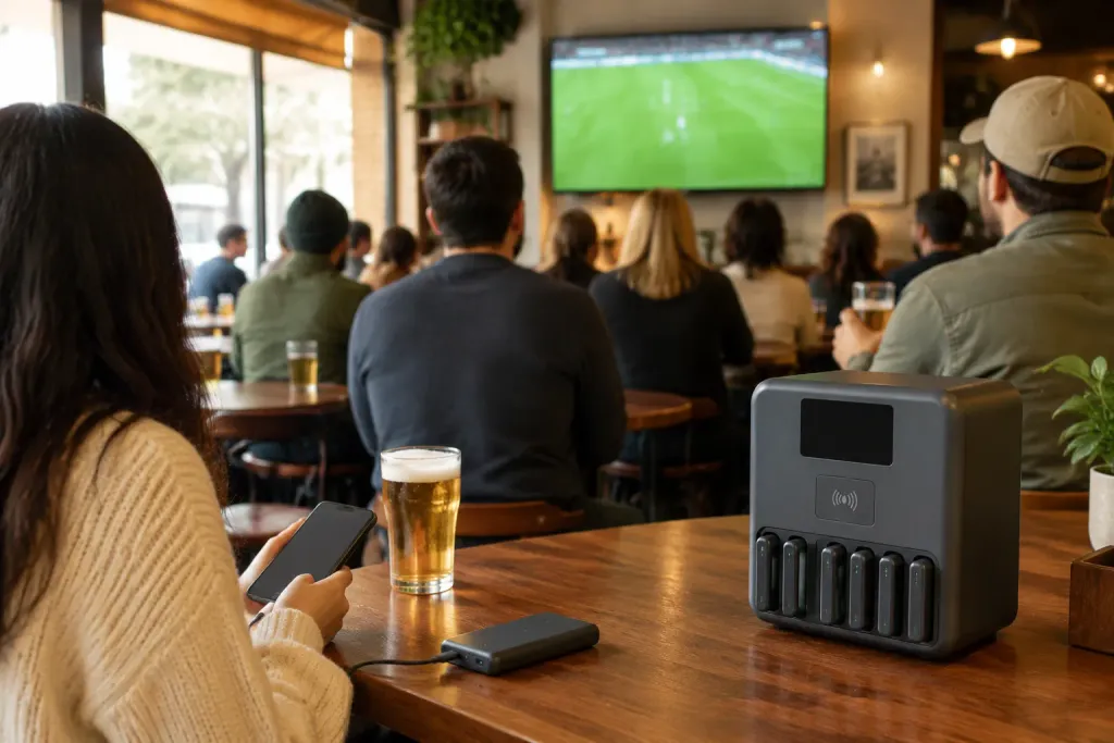 A crowded pub watching football on the big screen, a phone charging on the nearest leaner