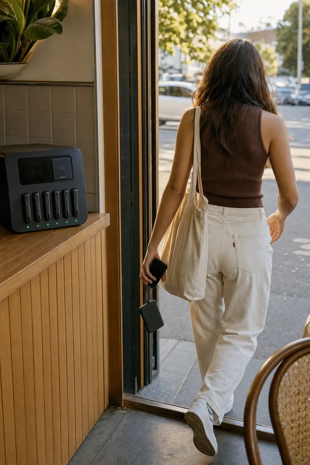 A guest walking out of a café, phone and power bank in hand