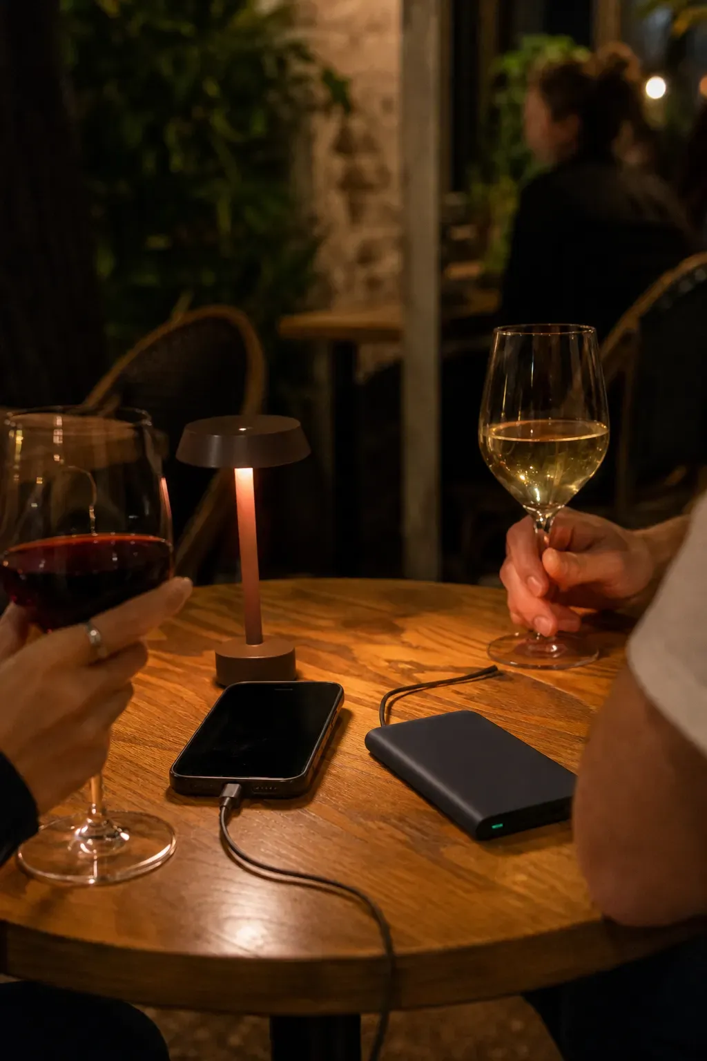 Wine glasses and a charging phone on a small bar table